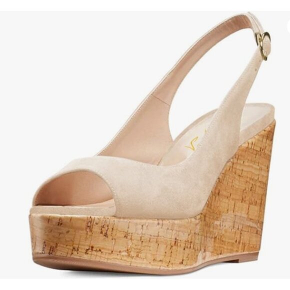 FOWT Apricot Peep Toe Slingback Platform High Heel Buckle Open Toe Wedge Sandals - Picture 1 of 8